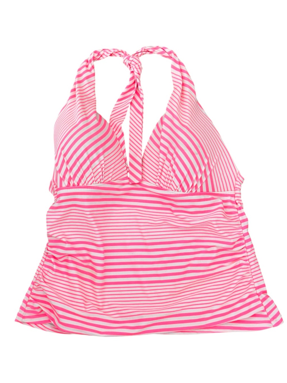 Catalina Size L pink/white striped halter tankini molded cups side ruching